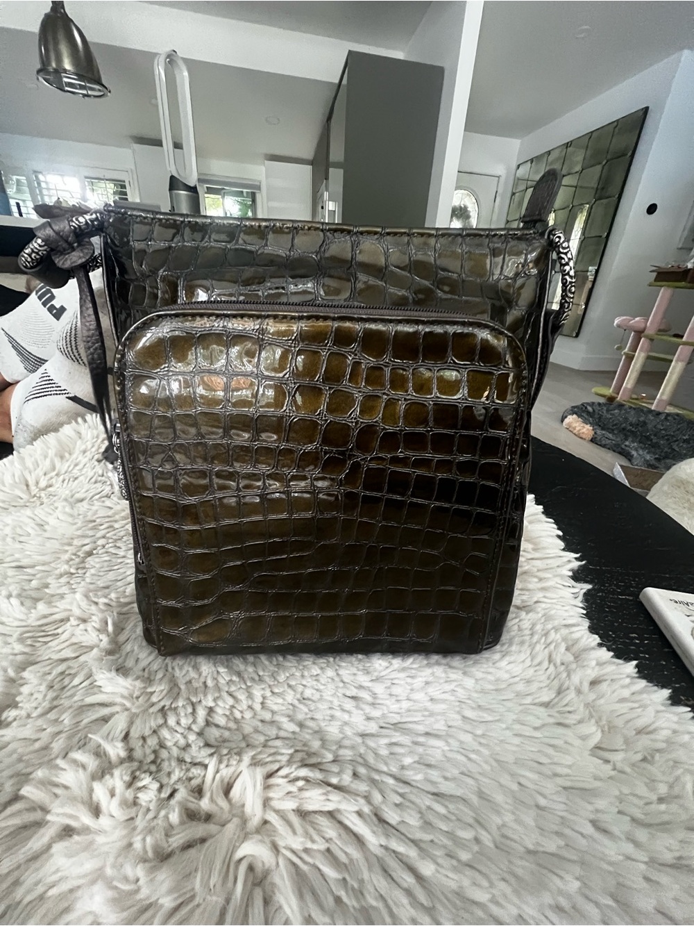 Brighton Olive Brown Croc-Embossed Leather Messenger Bag